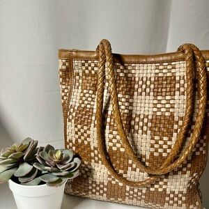 Bembien Woven Leather Tote Bag in Brown & Cream Check